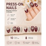 Wine‑Red Medium‑Long Almond Press‑On Nails，Luxury False Nails with Silver Glitter, Metal Butterfly & Heart Rhinestones